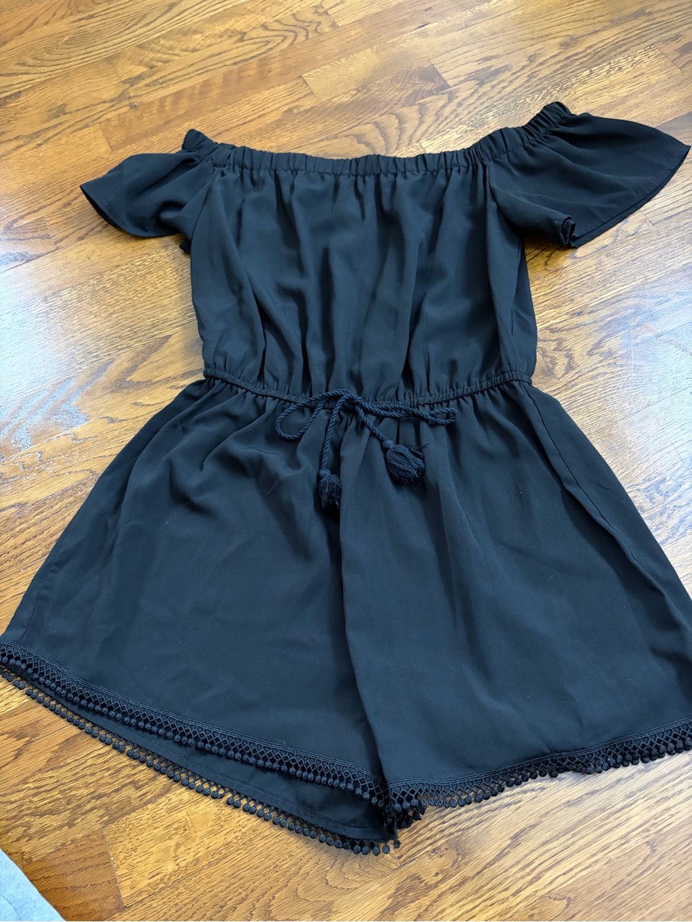 Black Off-Shoulder Romper with Tassel Waist